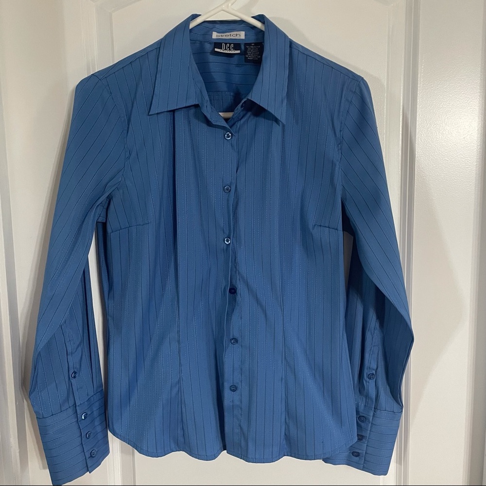 DCC MISSY Stretch Blue w/Black Pinstripes Blouse